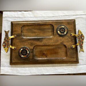 Vintage Israeli Wood Brass Enamel Serving Tray Fish Detailed Trinket